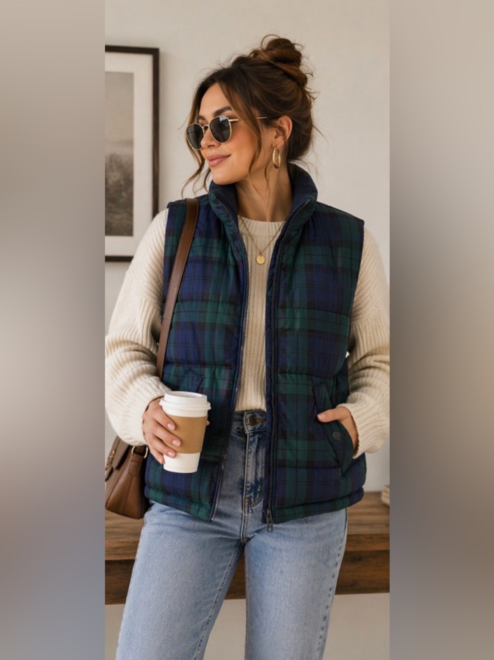 Eddie Bauer Plaid Puffer Vest Green Blue Quilted Zip Up Women’s L